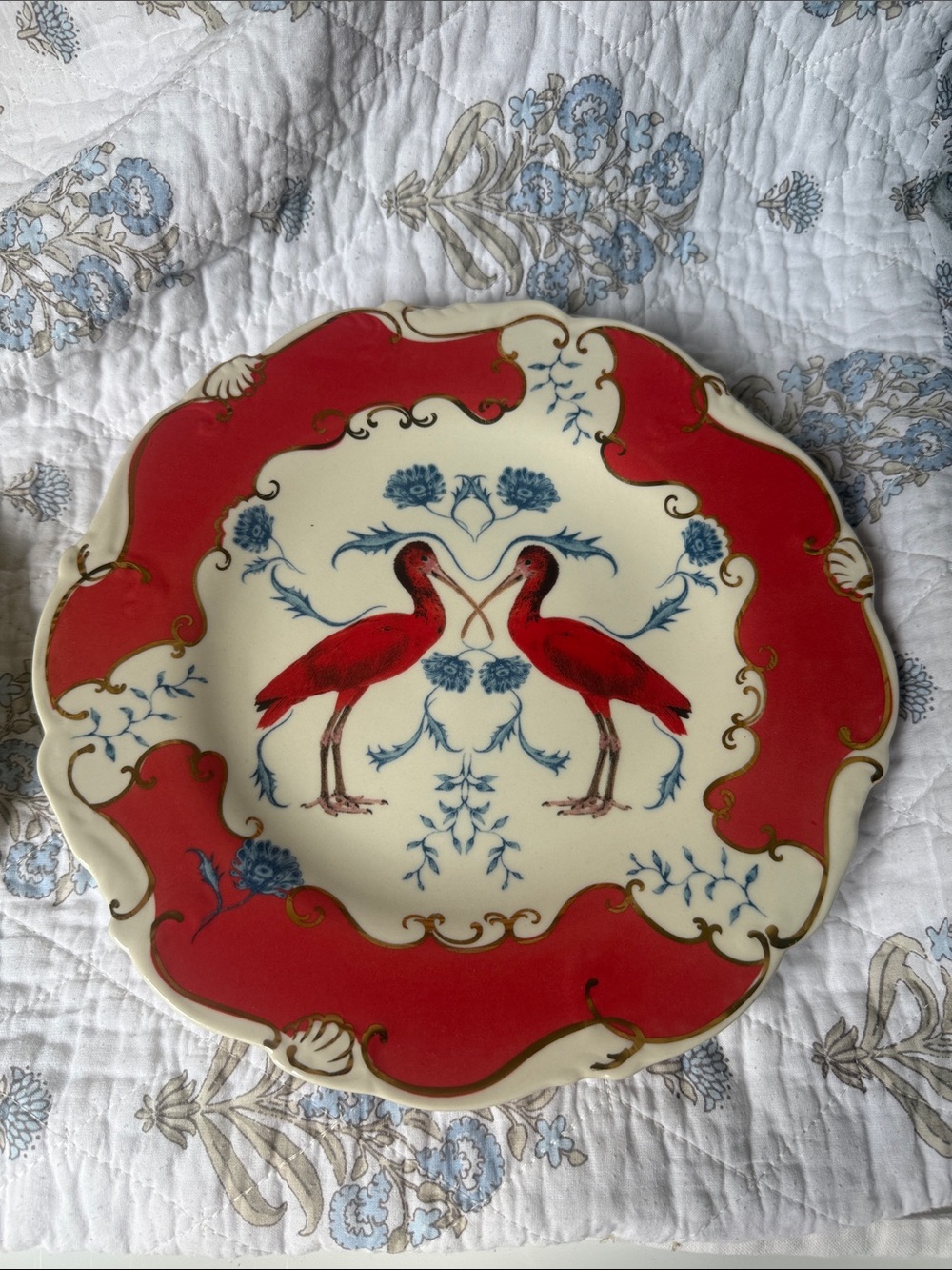 Anthropologie Red and Blue Bird Ceramic Decorative Plate